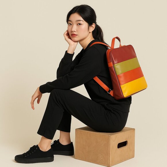 Genuine Leather Multicolour Backpack, Daypack for Women- Travel, Work, Gifting - Picture 2 of 10